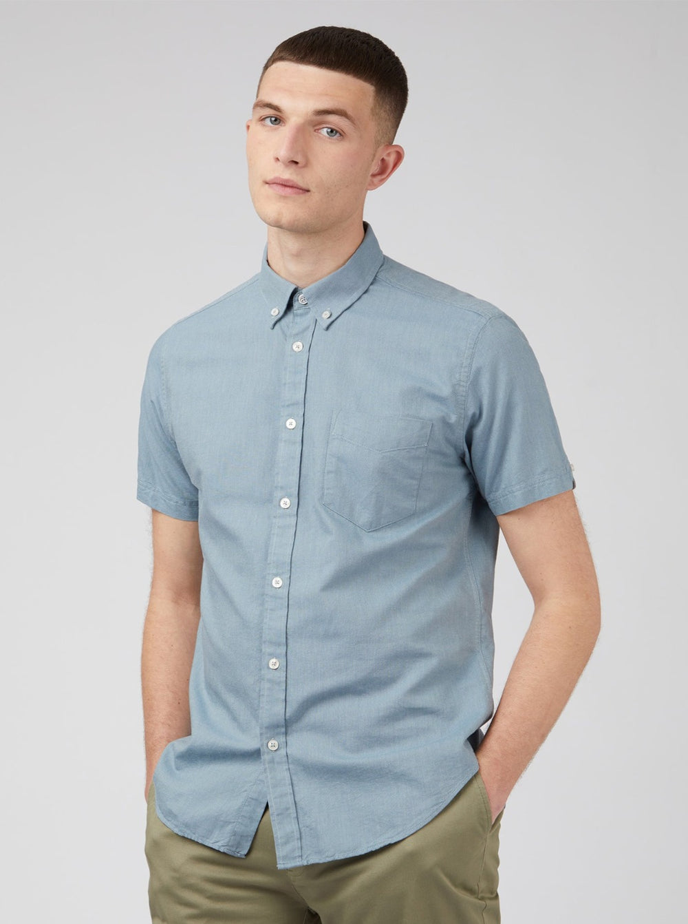 Chemises Ben Sherman Signature Organic Short-Sleeve Oxford Shadow Bleu Grise | HME-58352049